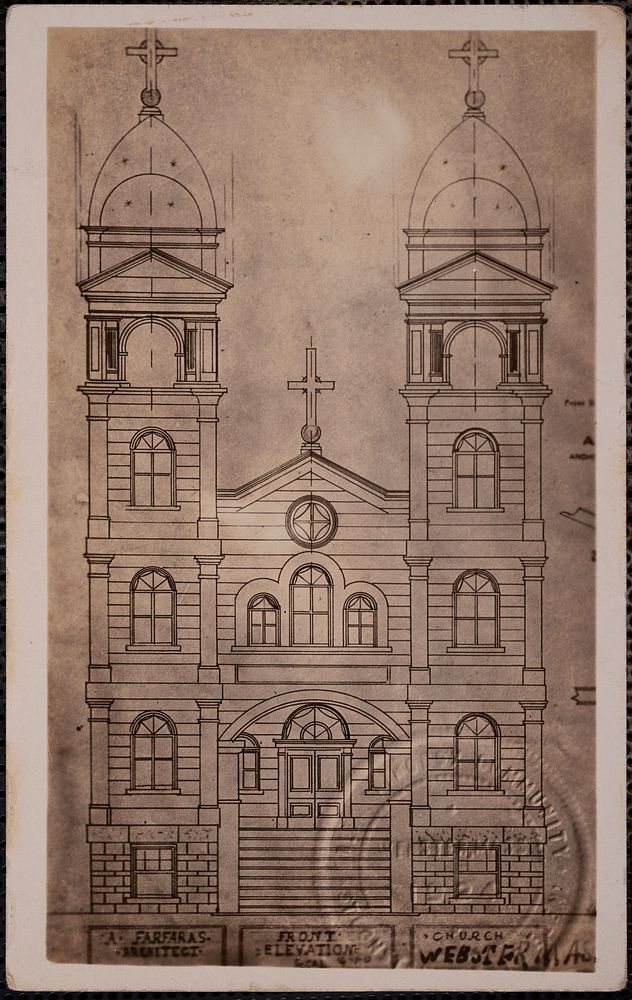             A. Farfaras, architect. Front elevation. Church, Webster, Mass.          