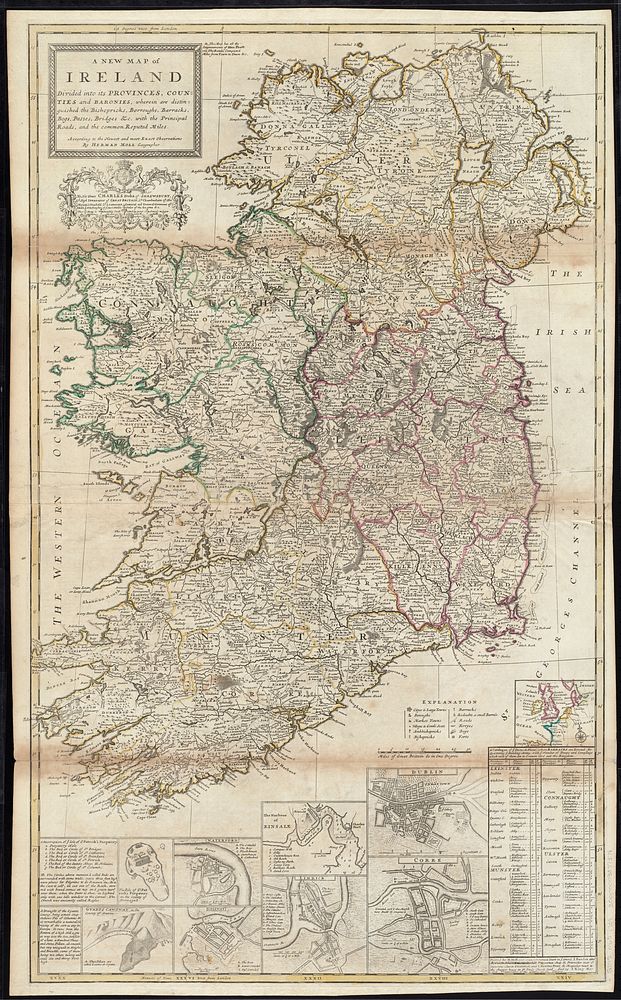             A new map of Ireland divided into its provinces, counties and baronies, wherein are distinguished the…