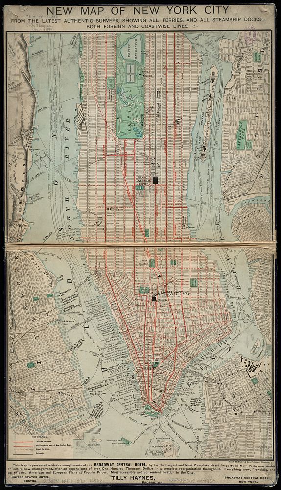             New map of New York City : from the latest authentic surveys, showing all ferries, and all steamship docks both…