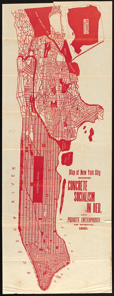             Map of New York City showing concrete socialism in red, and private enterprises in white, 1895          