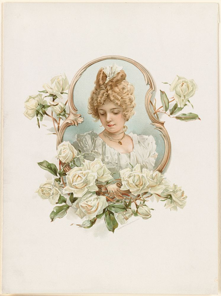             Woman's portrait enframed with white roses          