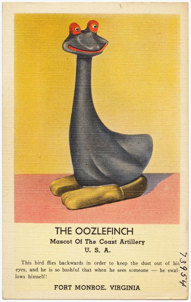             The Oozlefinch, mascot of the Coast Artillery, U. S. A., Fort Monroe, Virginia          