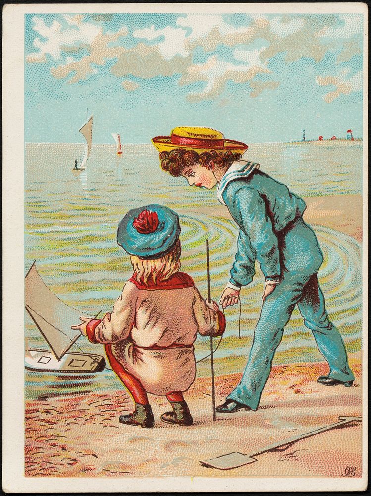             Girl and boy by the beach with a toy boat in the water.          