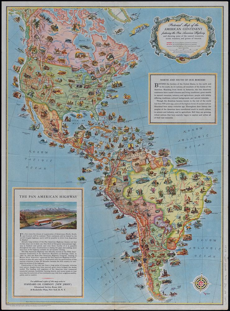             Pictorial map of the American continent : featuring the Pan American Highway and showing some of the natural…