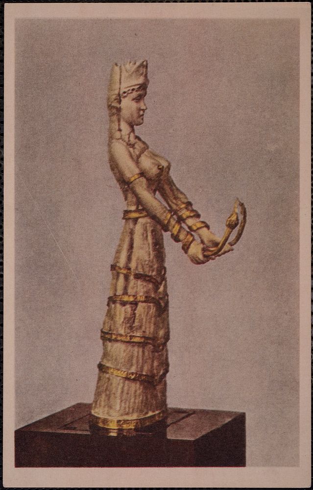             Minoan snake goddess. Ivory and gold, 16th century B. C. Museum of Fine Arts, Boston          