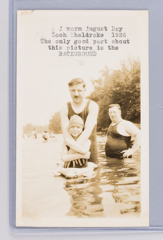 Untitled (people in lake with typed inscription)