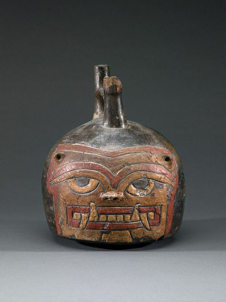 Double Spout and Bridge Vessel with Incised Feline Face