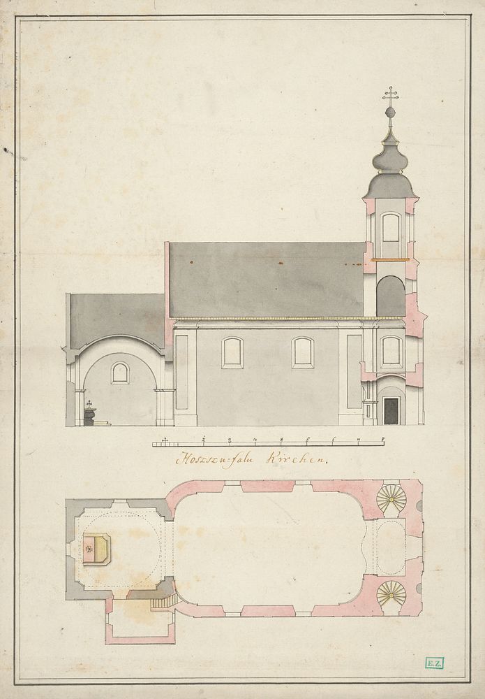 Elevation and floor plan of the church in hosszúfal