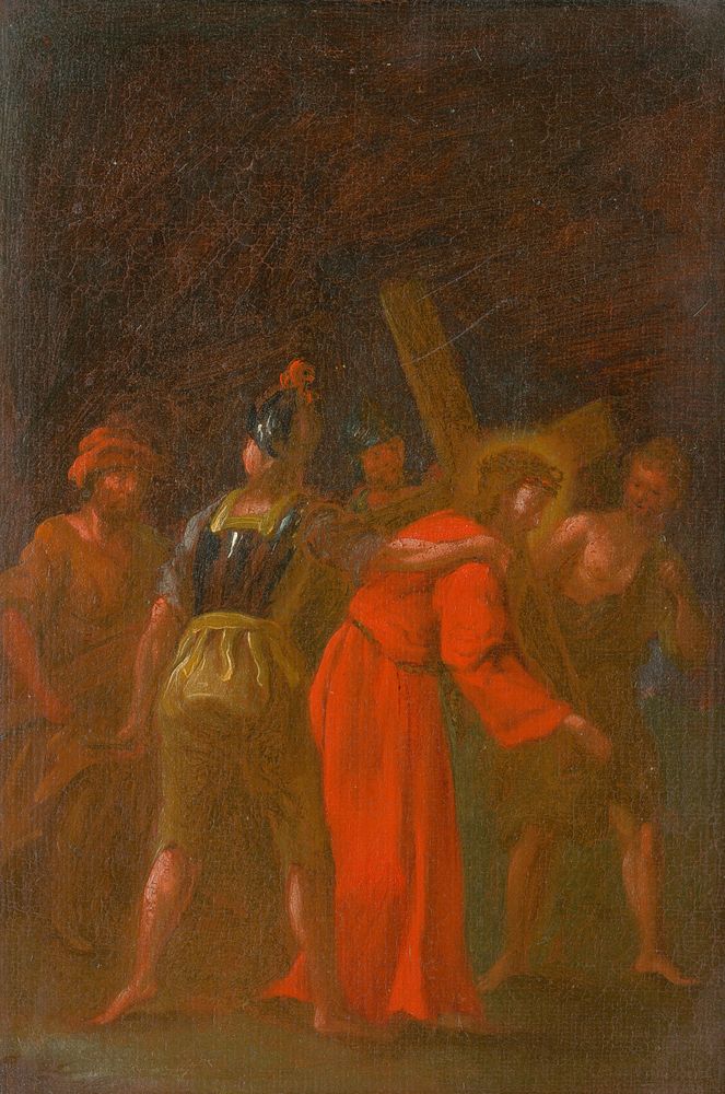 Simon of cyrene helps jesus carry the cross., István Schaller