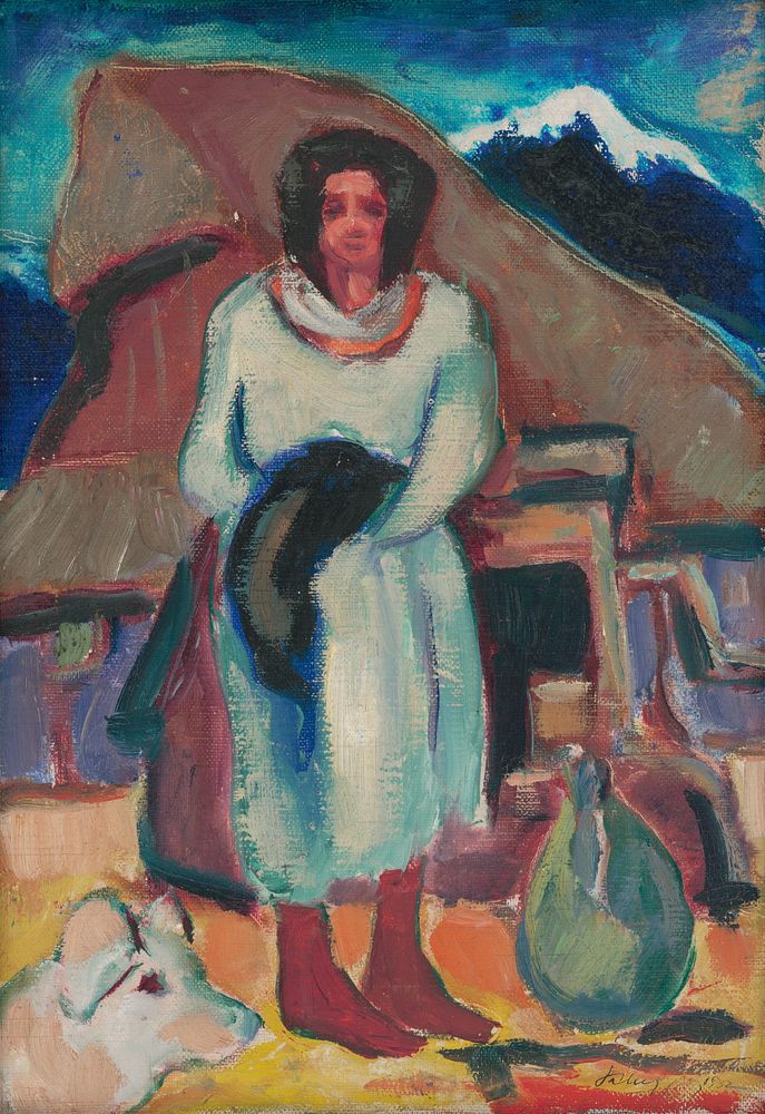 Study of a village girl in front of a cottage by Zolo Palugyay