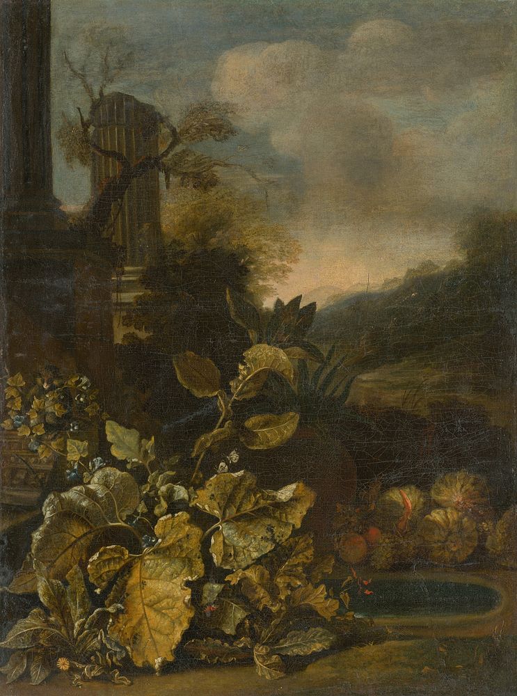 Romantic landscape with still life and antique column, Abraham Begeyn