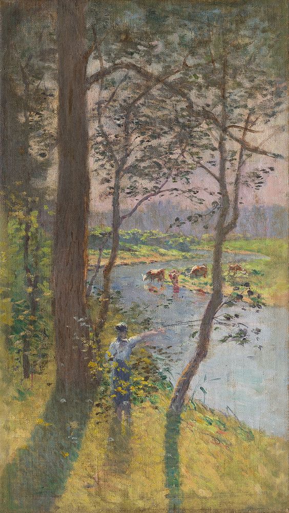 Landscape with a river and cattle watering by Ferdinand Katona