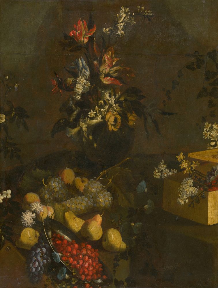 Still life with flower bouquet and fruit