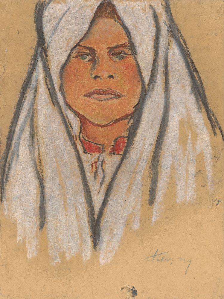 Head of a girl in a white scarf by Zolo Palugyay