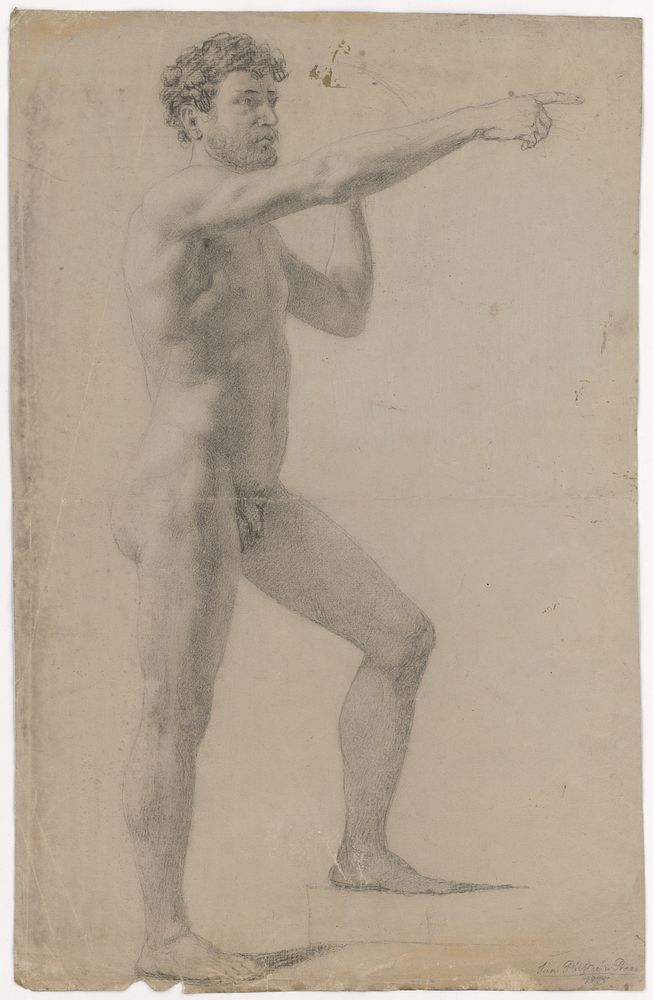 Standing male nude with raised right arm