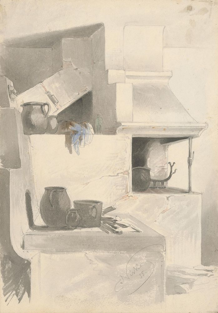 Sketch of fireplace with kitchen utensils  by Friedrich Carl von Scheidlin