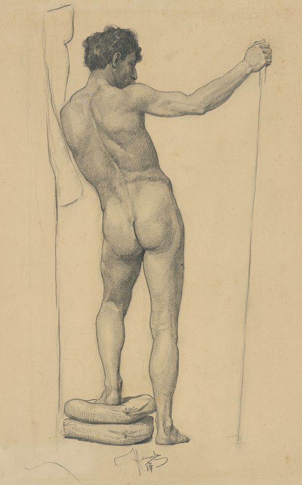 Study of a male nude leaning on a stick by Jozef Hanula