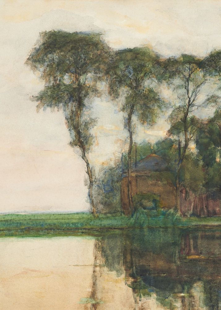 Mondrian&rsquo;s Farmstead along the water screened by nine tall trees background, oil painting. Remixed by rawpixel.