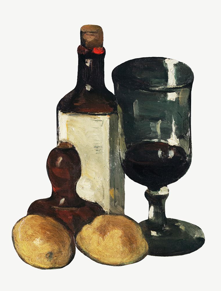 Paul Cezanne&rsquo;s Bottle, Glass, and Lemons clipart, still life painting psd.  Remixed by rawpixel.