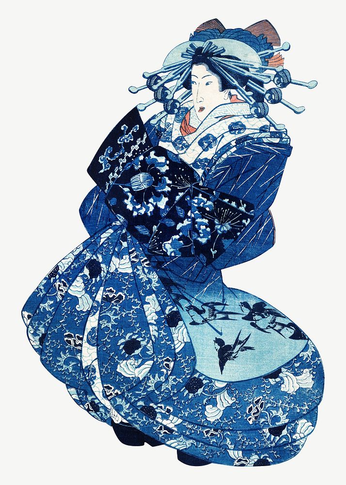 Japanese woman psd, Japanese ukiyo-e woodblock print by Utagawa Kuniyoshi. Remixed by rawpixel.