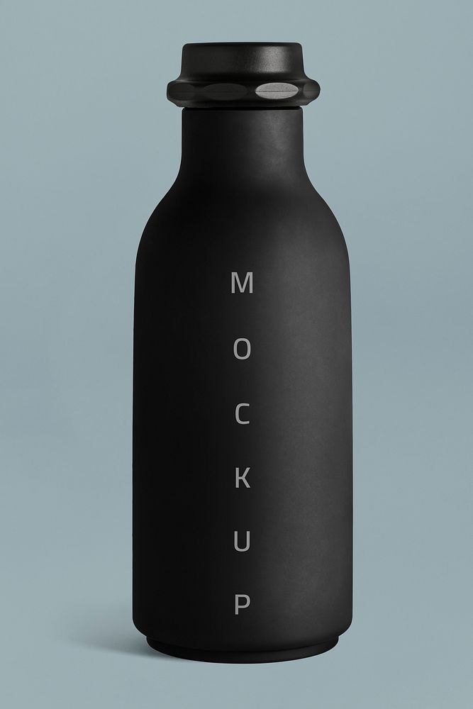 Black water bottle mockup on a blue background