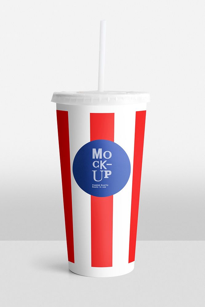 Red and white striped disposable soft drink cup design space mockup