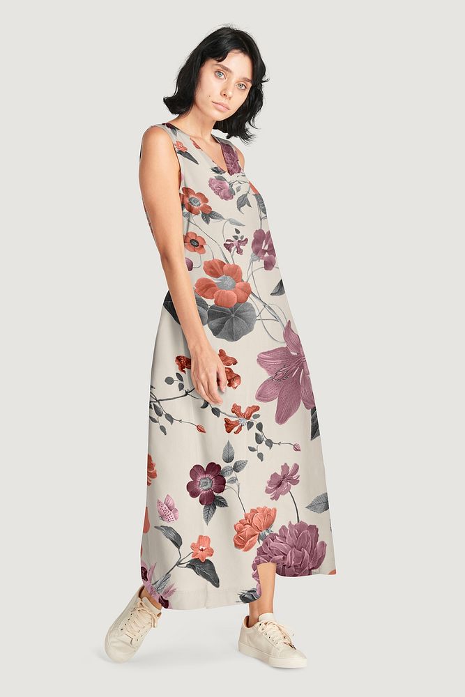 Floral dress mockup, vintage design psd, remix from the artworks of Pierre Joseph Redout&eacute;