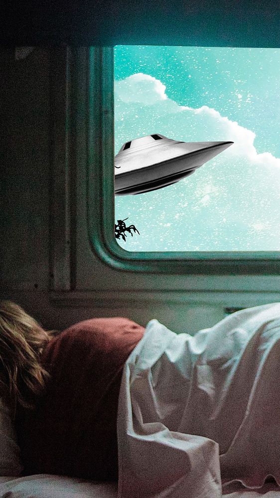 Surreal UFO, sleeping woman iPhone wallpaper. Remixed by rawpixel.
