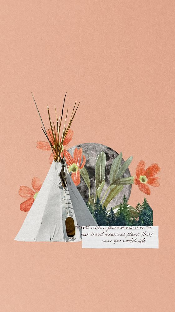 Camping tent aesthetic iPhone wallpaper, travel collage background