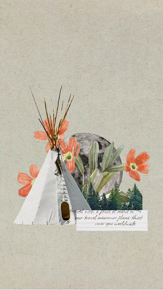 Camping tent aesthetic iPhone wallpaper, travel collage background