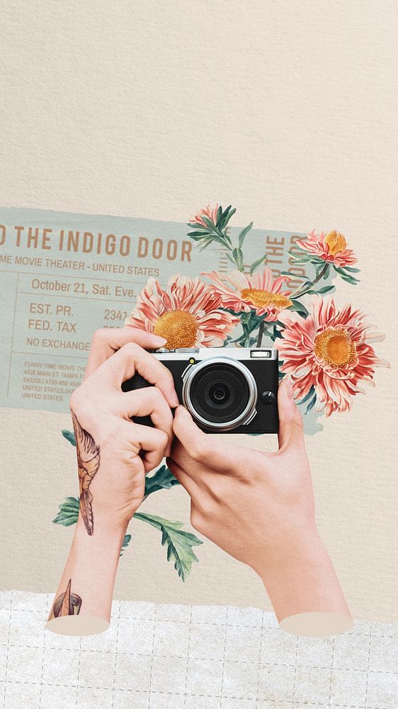 Film camera aesthetic phone wallpaper, travel floral collage
