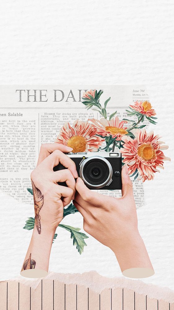 Retro film camera phone wallpaper, travel floral collage
