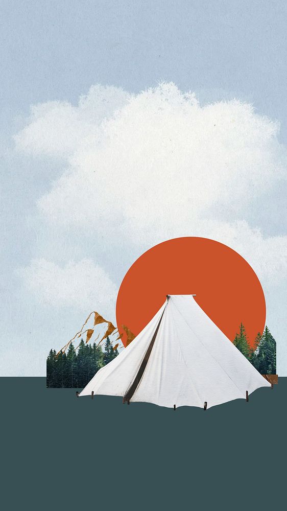 Camping tent aesthetic iPhone wallpaper, travel collage background
