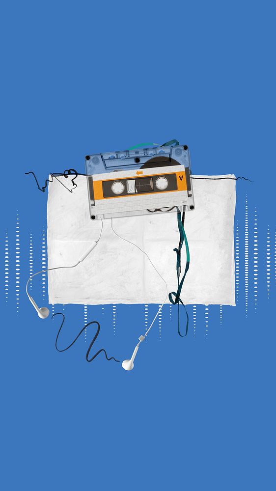 Blue cassette tape mobile wallpaper, retro music aesthetic background