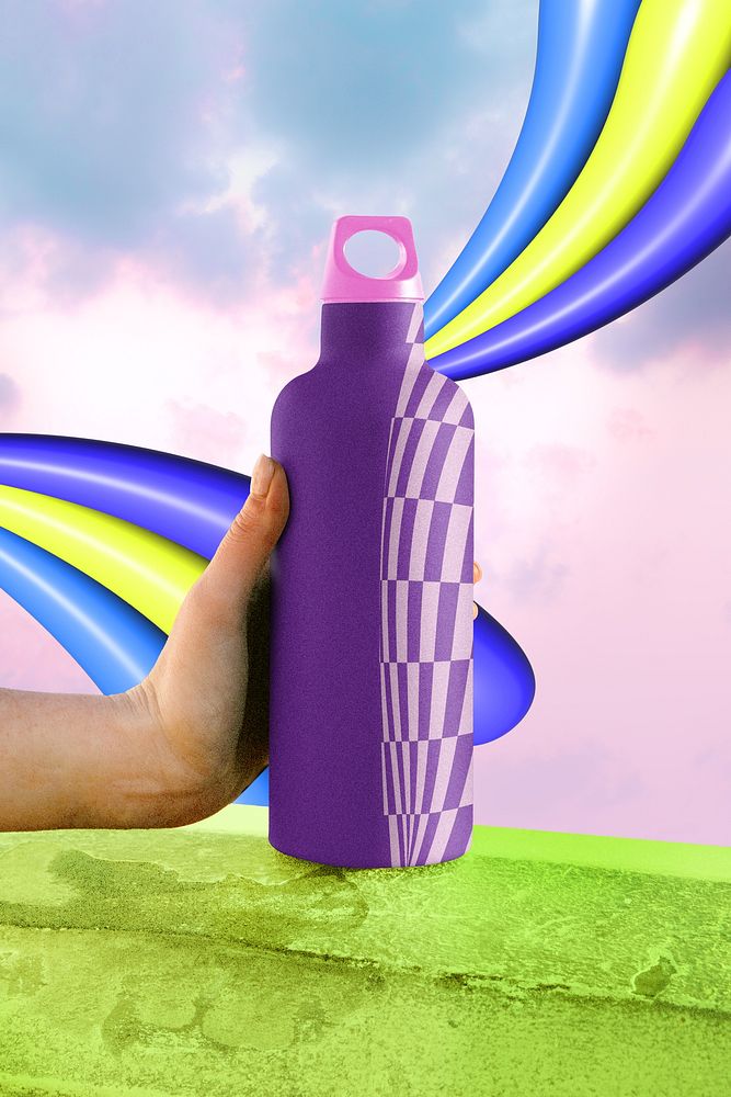 Hand holding purple stainless steel bottle