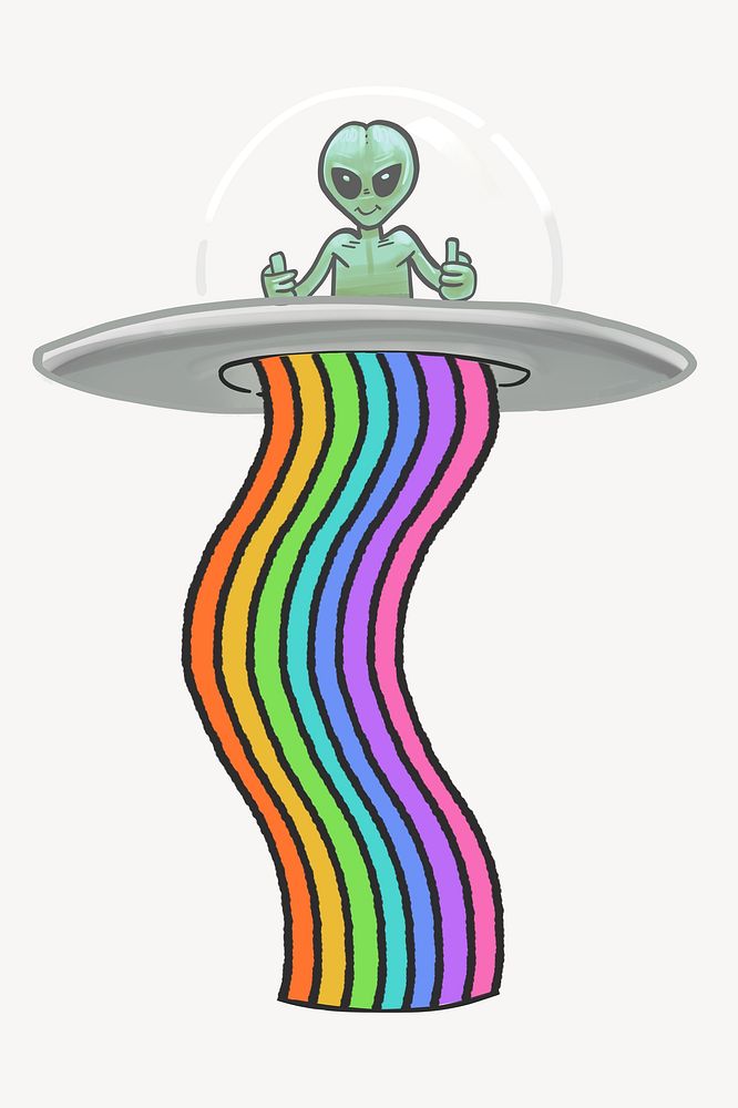 Alien flying UFO, funky cartoon illustration