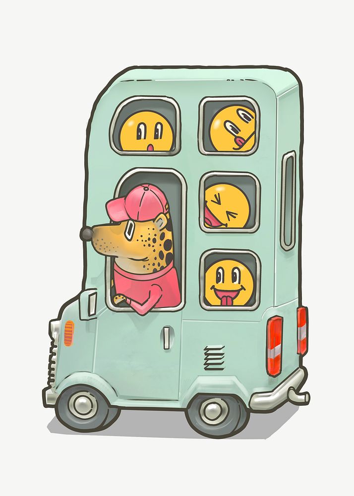 Triple decker bus, travel cartoon collage element psd
