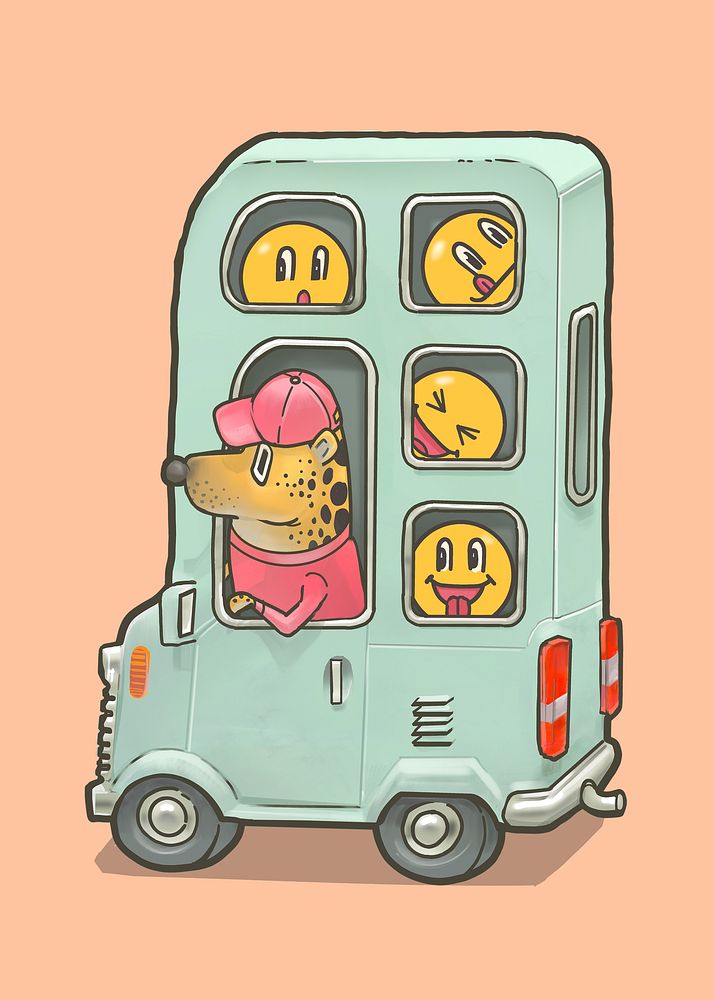Triple decker bus, travel cartoon collage element psd