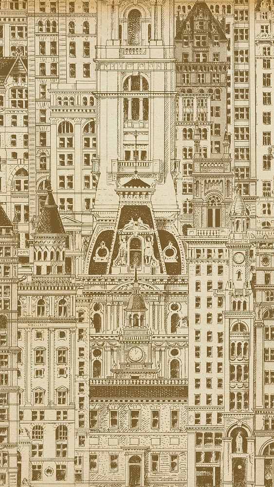 Sepia city buildings iPhone wallpaper. Vintage art remixed by rawpixel.