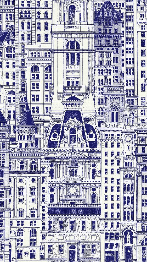 Blue city buildings iPhone wallpaper. Vintage art remixed by rawpixel.