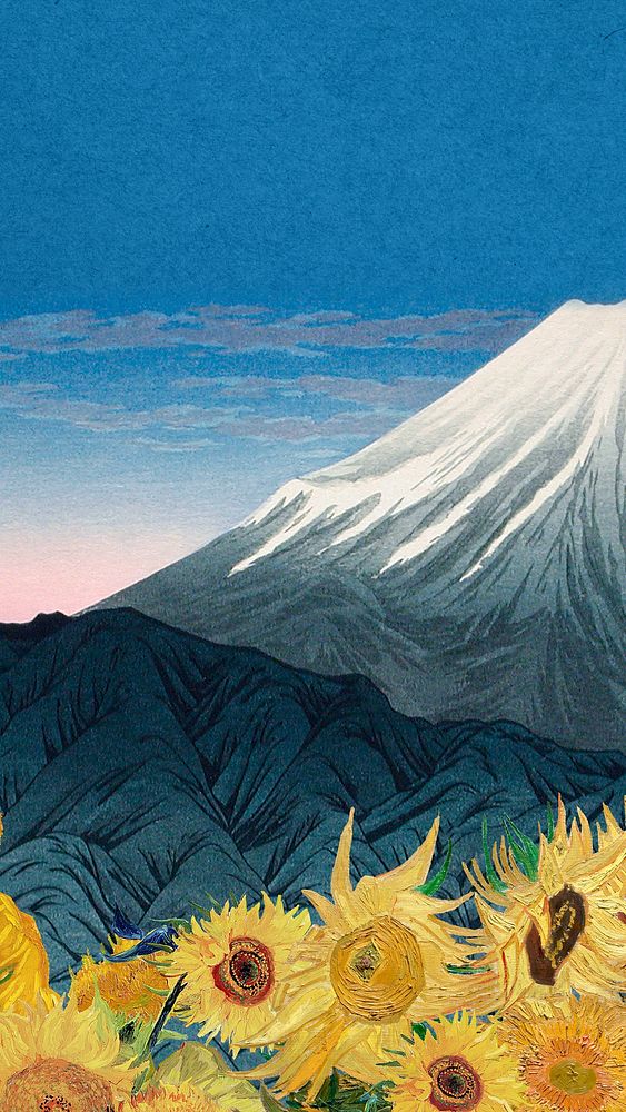Vintage famous artwork iPhone wallpaper, Van Gogh's Sunflowers border and Takahashi Hiroaki's Mount Fuji, remixed by rawpixel