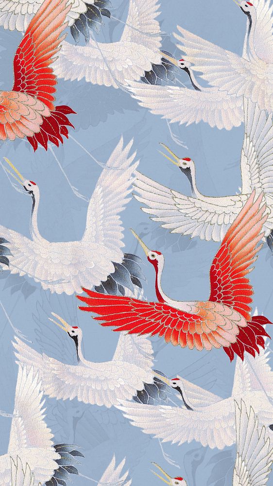 Vintage flying cranes phone wallpaper, bird pattern background, remixed by rawpixel