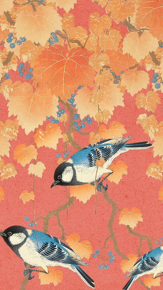 Ohara Koson's bird phone wallpaper, Great tit on paulownia branch illustration, remixed by rawpixel