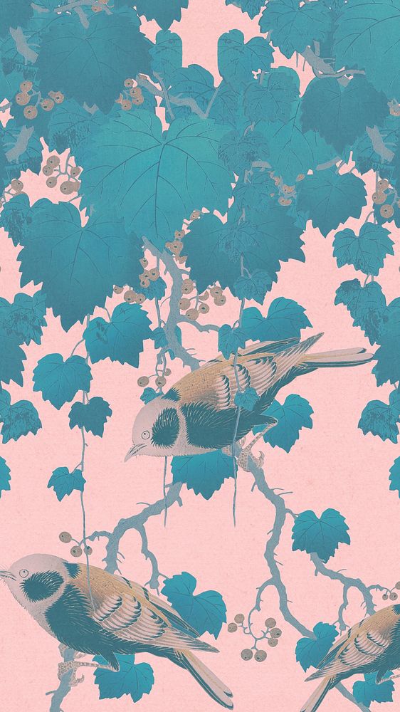 Ohara Koson's bird phone wallpaper, Great tit on paulownia branch illustration, remixed by rawpixel