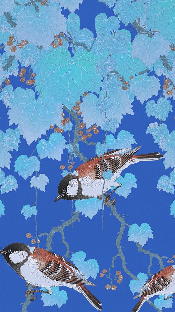 Ohara Koson's bird phone wallpaper, Great tit on paulownia branch illustration, remixed by rawpixel