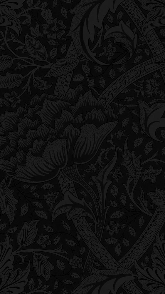 William Morris' Windrush iPhone wallpaper, black botanical pattern background, remixed by rawpixel
