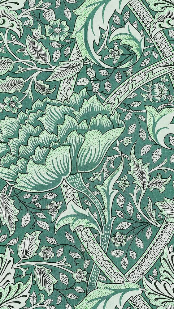 William Morris' Windrush iPhone wallpaper, green botanical pattern background, remixed by rawpixel
