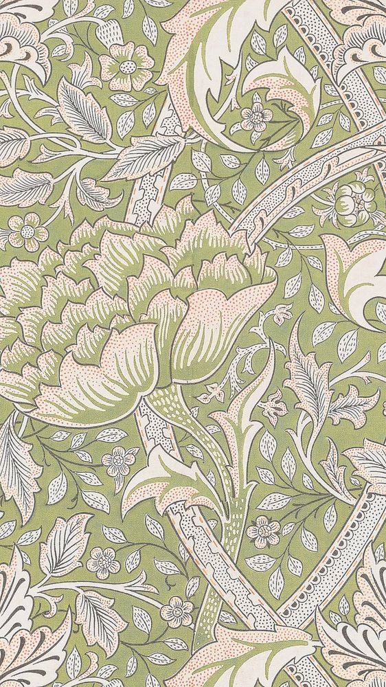William Morris' Windrush iPhone wallpaper, green botanical pattern background, remixed by rawpixel