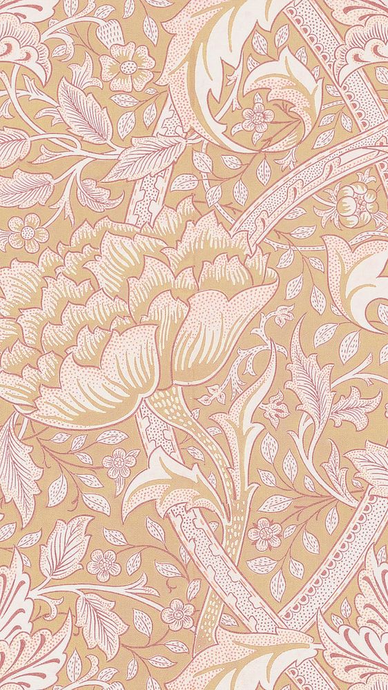 William Morris' Windrush iPhone wallpaper, pink botanical pattern background, remixed by rawpixel