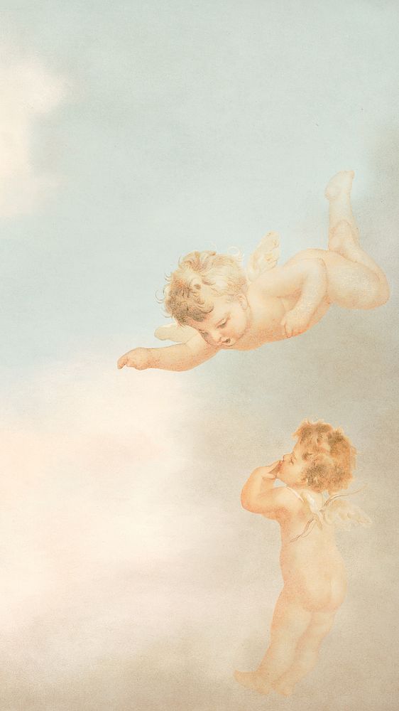 Vintage cherubs mobile wallpaper, aesthetic sky background, remixed by rawpixel